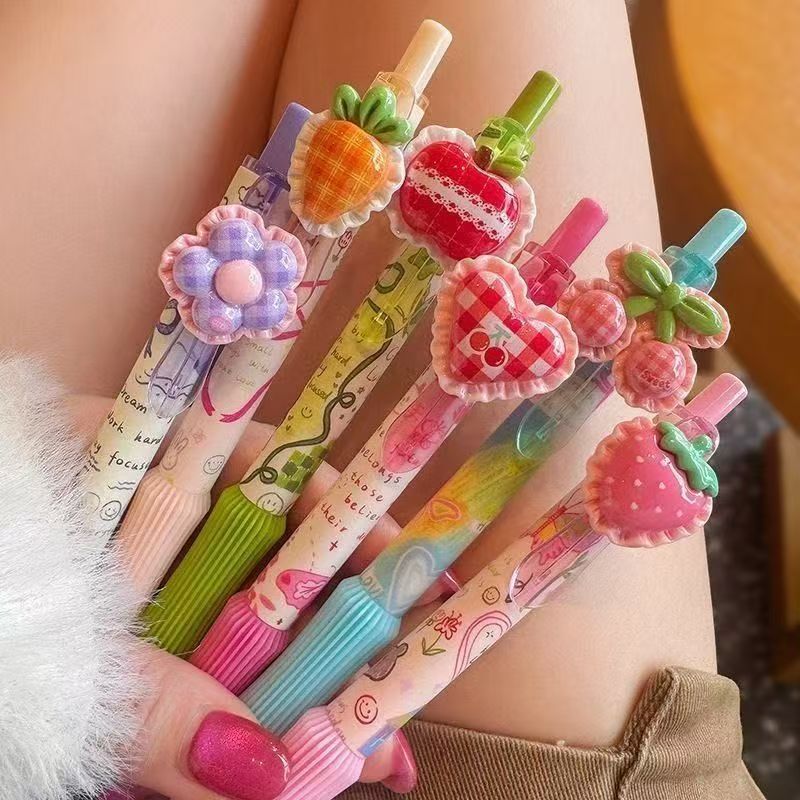 One Set Six Piece Cute DIY Fruit & Flower Decor Press Gel Pen, Handmade Kawaii Retractable Writing Pen, School Stationery Gift