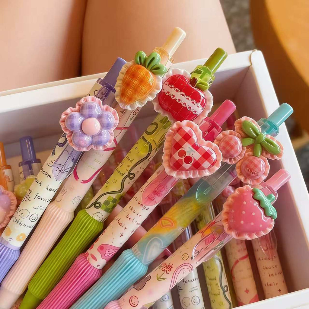 One Set Six Piece Cute DIY Fruit & Flower Decor Press Gel Pen, Handmade Kawaii Retractable Writing Pen, School Stationery Gift