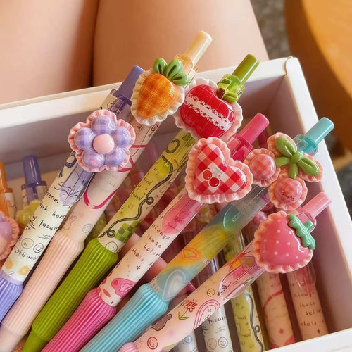 One Set Six Piece Cute DIY Fruit & Flower Decor Press Gel Pen, Handmade Kawaii Retractable Writing Pen, School Stationery Gift
