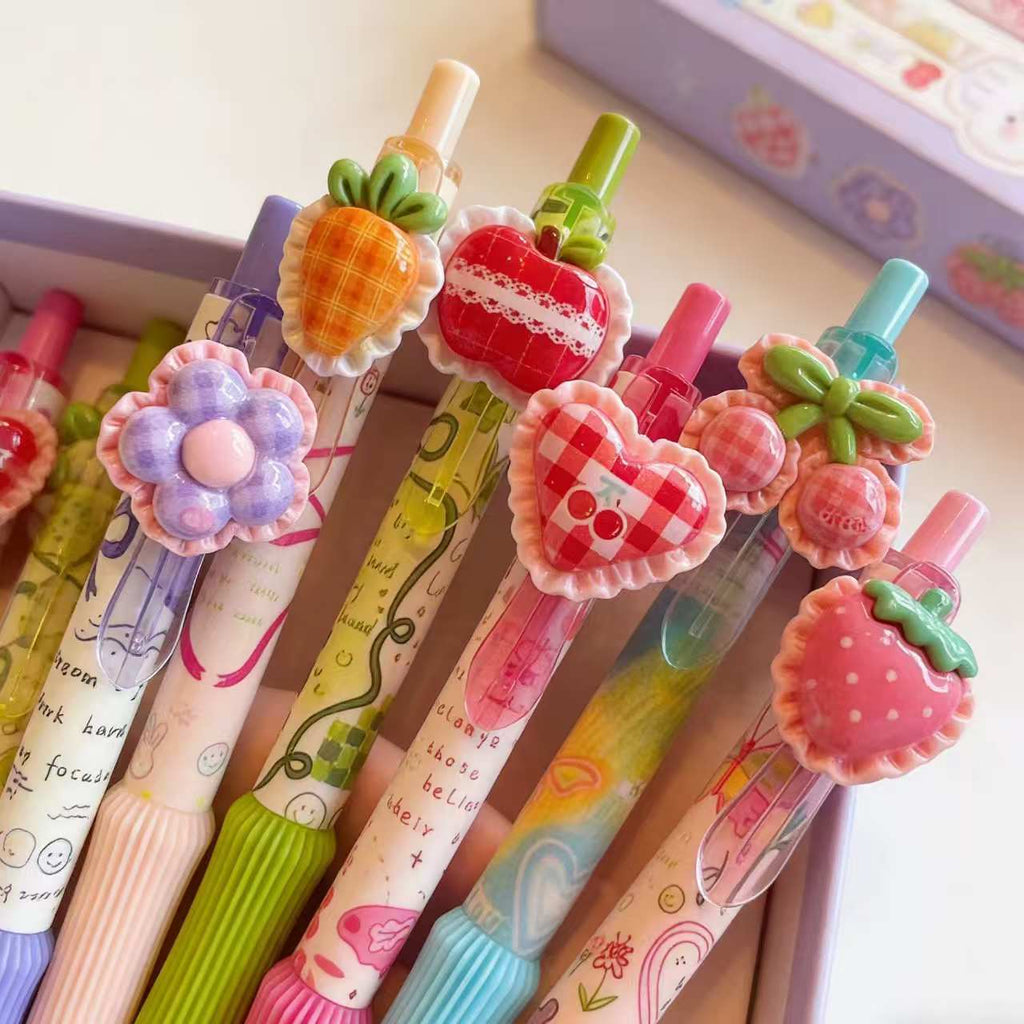 One Set Six Piece Cute DIY Fruit & Flower Decor Press Gel Pen, Handmade Kawaii Retractable Writing Pen, School Stationery Gift